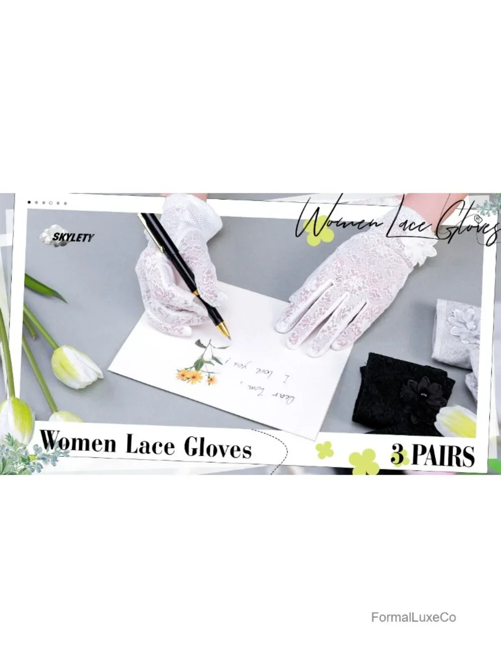 3 Pairs Lace Gloves for Women Short Floral Tea Party Gloves for Wedding